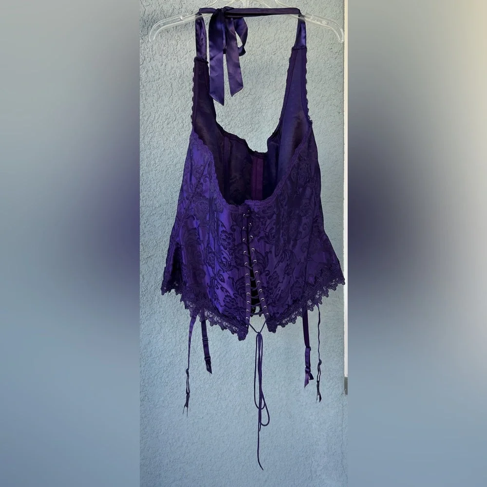 VTG Frederick’s of Hollywood Purple Satin Lace Up Corset Halter Garter Size 44